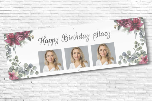 Ladies and Girl's Personalised Floral Three Photo Birthday Banner