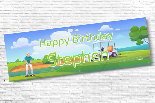 Men's and Boy's Personalised Cartoon Golf Cart Birthday Banner
