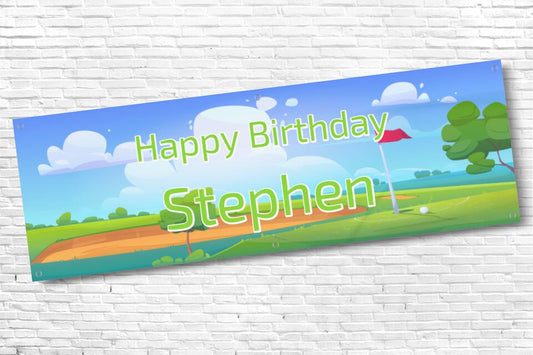 Men's and Boy's Personalised Cartoon Golf Flag Birthday Banner