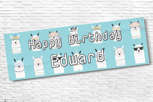 Men's and Boy's Personalised Blue Llamas Birthday Banner
