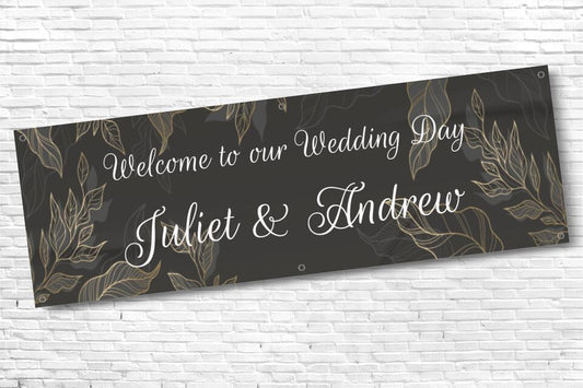Personalised Black Gold Leaf Wedding Banner