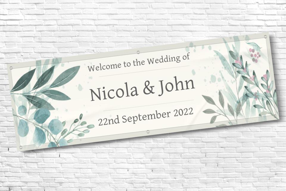 Personalised Green Floral Date Wedding Banner