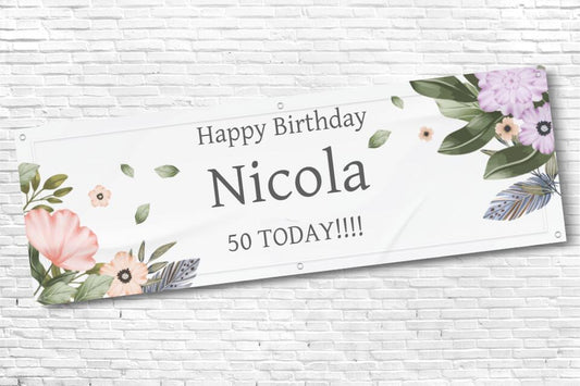 Ladies Personalised Pink Purple Floral Corner 50th Milestone Birthday Banner