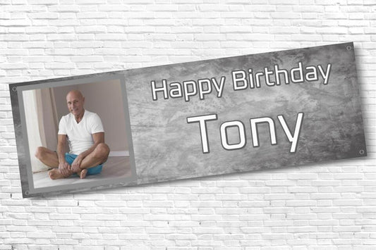 Men's and Boy's Personalised Grey Marble Photo Birthday Banner