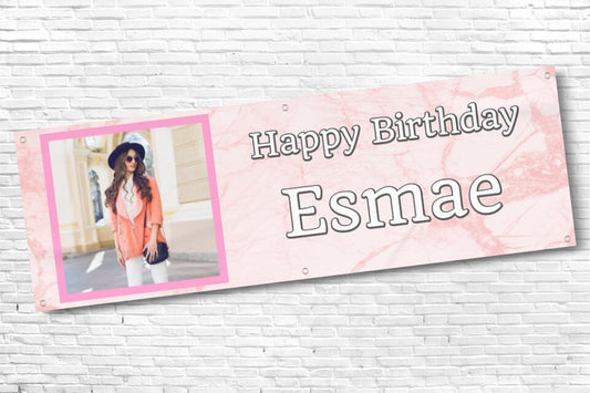 Ladies and Girl's Personalised Pink Marble Photo Birthday Banner