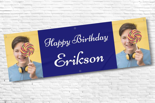 Men's and Boy's Personalised Dark Blue Twin Photo Birthday Banner