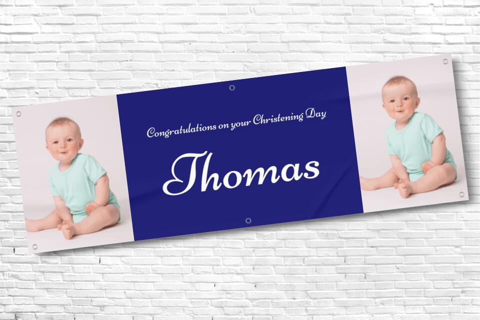 Boy's Personalised Dark Blue Twin Photo Ceremony Banner