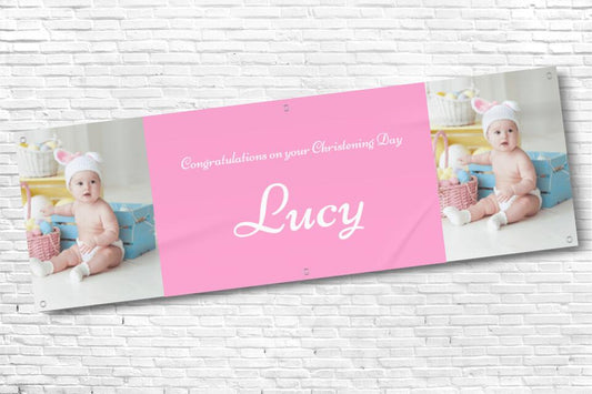 Girl's Personalised Pink Twin Photo Ceremony Banner