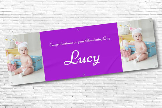 Girl's Personalised Purple Twin Photo Ceremony Banner