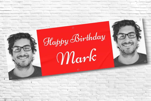 Men's and Boy's Personalised Red Twin Photo Birthday Banner