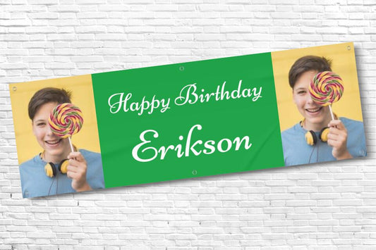 Men's and Boy's Personalised Green Twin Photo Birthday Banner