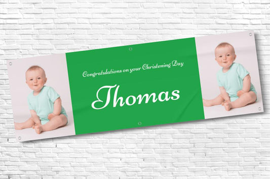 Boy's Personalised Green Twin Photo Ceremony Banner