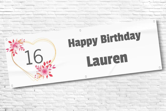 Ladies and Girl's Personalised Floral Gold Heart Age Birthday Banner