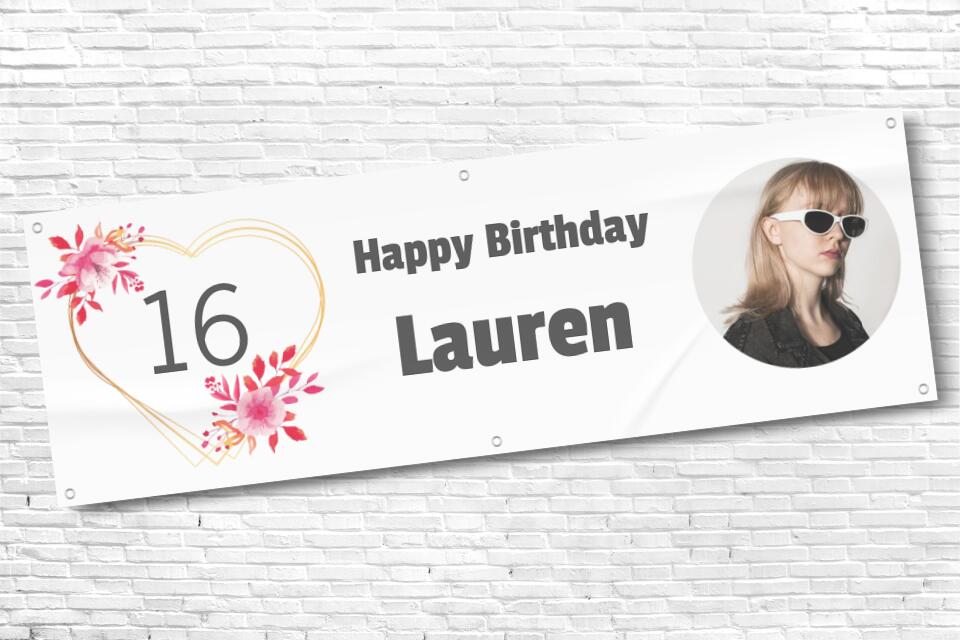 Ladies and Girl's Personalised Floral Gold Heart Age Photo Birthday Banner
