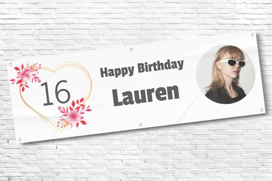 Ladies and Girl's Personalised Floral Gold Heart Age Photo Birthday Banner