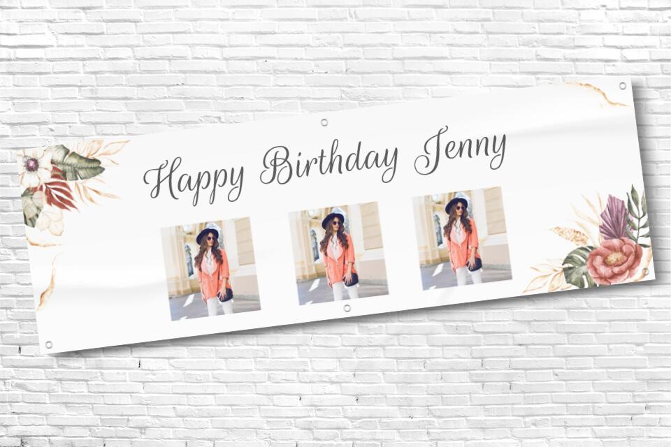 Ladies and Girl's Personalised Floral Corner Three Photo Birthday Banner