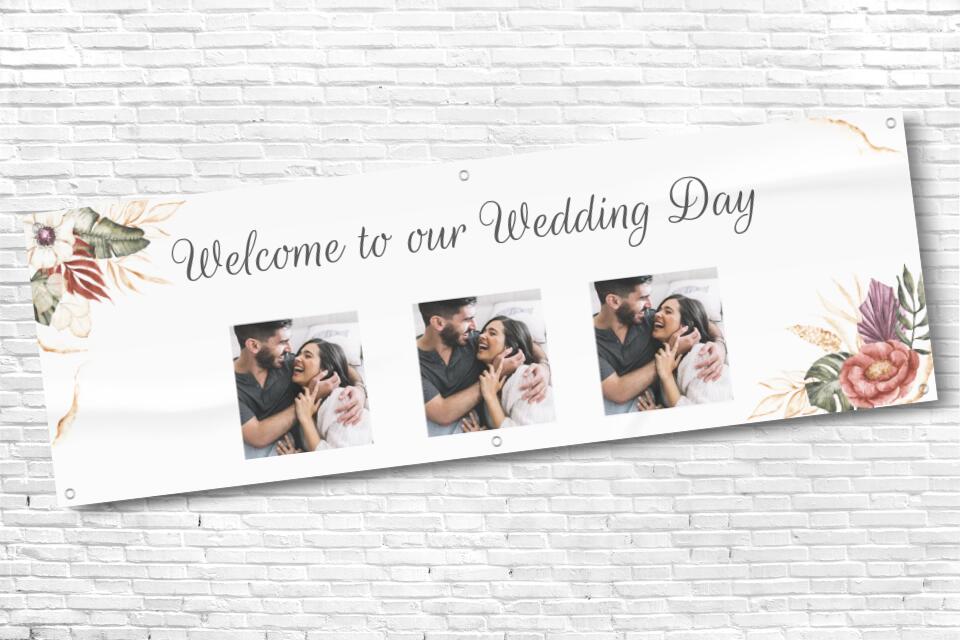 Personalised Floral Corner Three Photo Wedding Banner