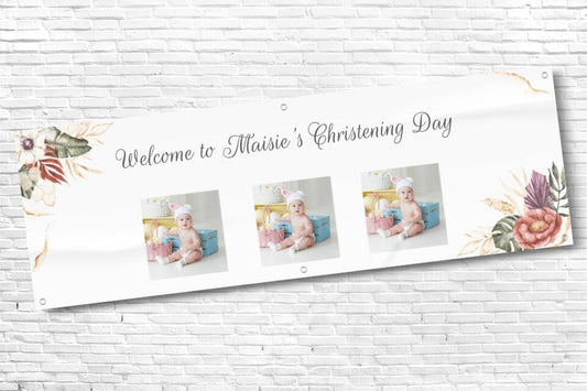Girl's Personalised Floral Gold Corner Three Photo Ceremony Banner