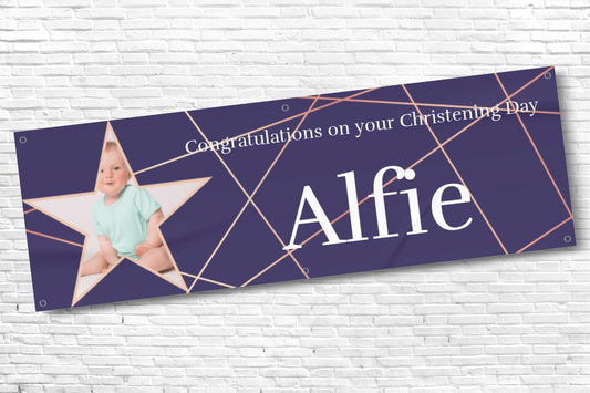 Boy's Personalised Blue Gold Star Photo Ceremony Banner