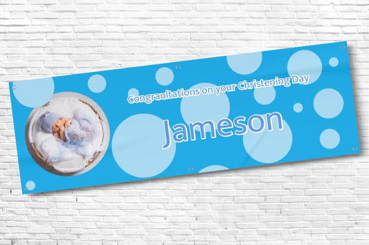 Boy's Personalised Blue Bubble Photo Ceremony Banner
