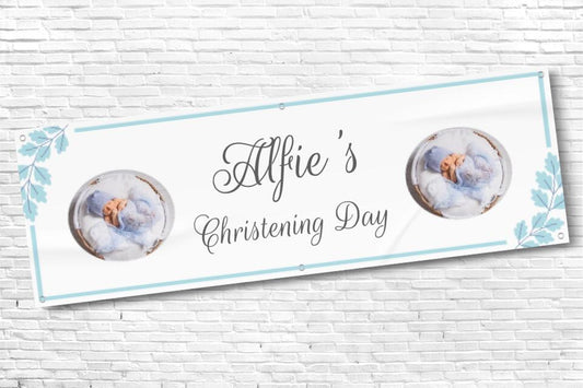 Boy's Personalised Blue Corner Floral Twin Photo Ceremony Banner