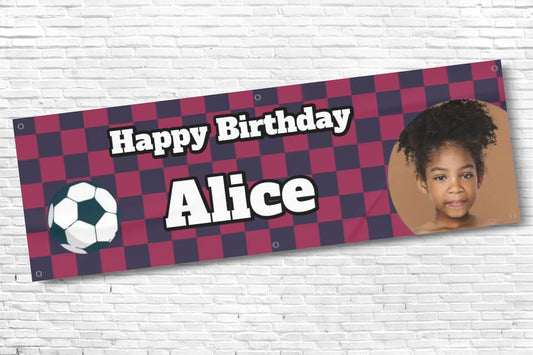 Personalised Football Banner Burgundy and Navy Squares with any photo and text