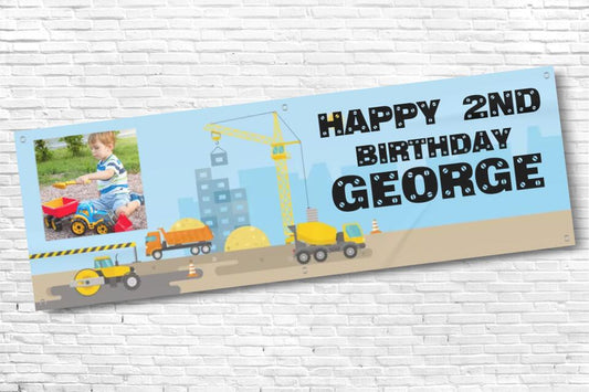 Personalised Boys Birthday Construction Banner with Any Text and Any Photo