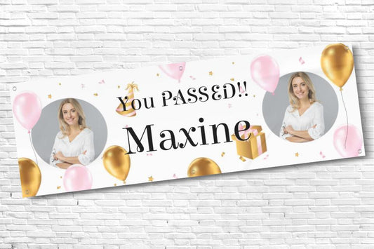 Personalised Pink and Gold Balloon Congratulations Banner with any text and 2 photos