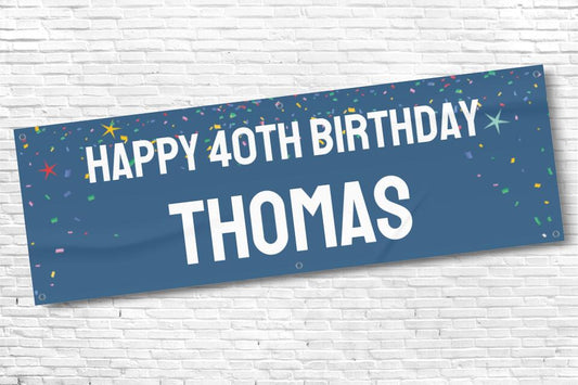Men's Personalised Blue Confetti 40th Milestone Birthday Banner