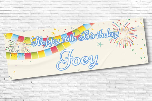 Boy's Personalised Rainbow Bunting Firework 16th Milestone Birthday Banner