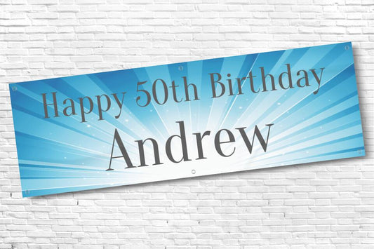 Men's Personalised Bright Blue Beam 50th Milestone Birthday Banner