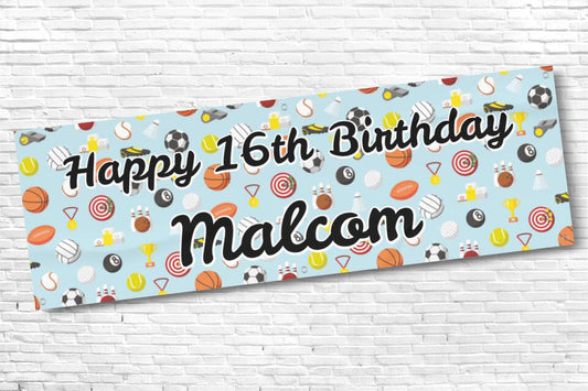 Boy's Personalised Sports Balls 16th Milestone Birthday Banner