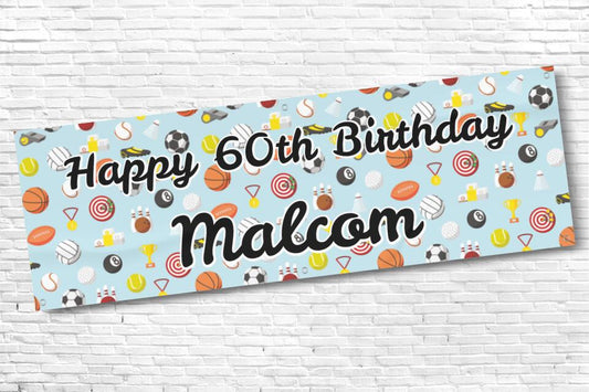 Men's Personalised Sports Balls 60th Milestone Birthday Banner