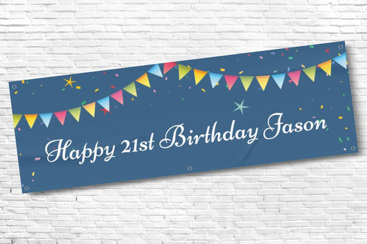 Men's Personalised Blue Confetti 21st Milestone Birthday Banner