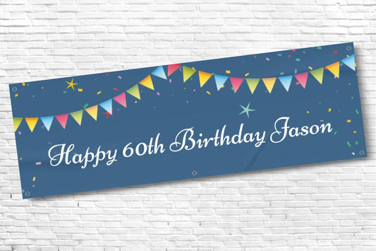 Men's Personalised Blue Confetti 60th Milestone Birthday Banner