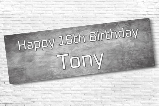 Boy's Personalised Grey Marble 16th Milestone Birthday Banner