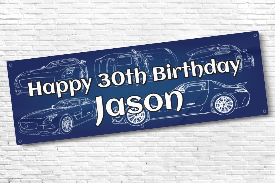 Men's Personalised Car Blueprint 30th Milestone Birthday Banner