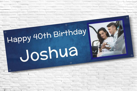 Men's Personalised Blue Cloudy Fade Photo 40th Milestone Birthday Banner