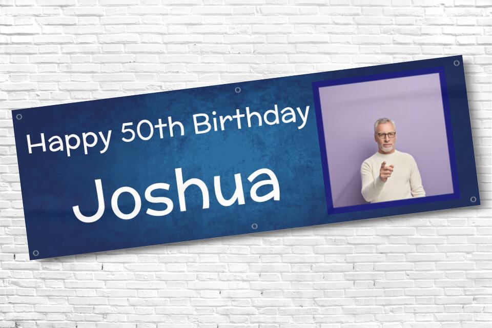 Men's Personalised Blue Cloudy Fade Photo 50th Milestone Birthday Banner