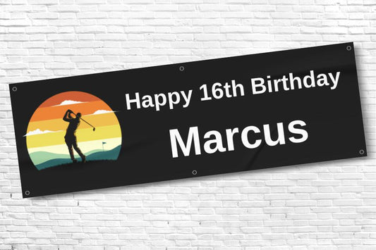 Boy's Personalised Sunset Golf 16th Milestone Birthday Banner