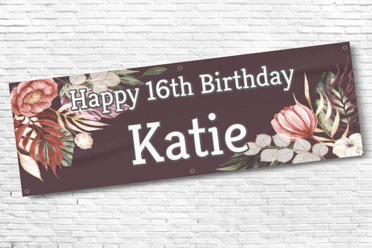 Girl's Personalised Maroon Corner Floral 16th Milestone Birthday Banner