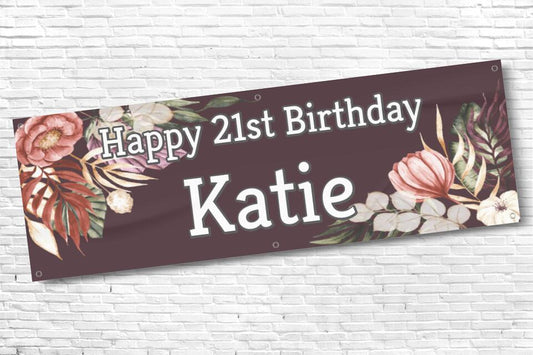Ladies Personalised Maroon Corner Floral 21st Milestone Birthday Banner