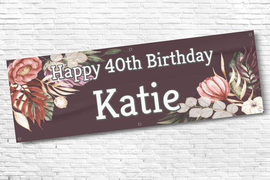 Ladies Personalised Maroon Corner Floral 40th Milestone Birthday Banner