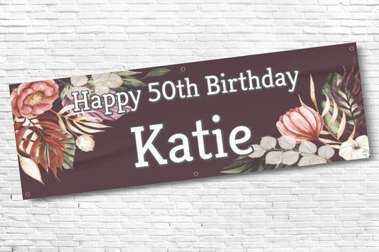 Ladies Personalised Maroon Corner Floral 50th Milestone Birthday Banner