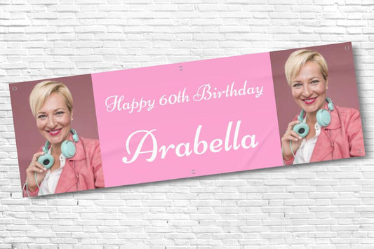 Ladies Personalised Pink Twin Photo 60th Milestone Birthday Banner