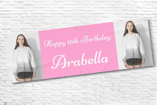 Girl's Personalised Pink Twin Photo 16th Milestone Birthday Banner