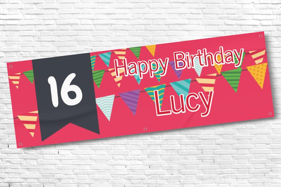 Girl's Personalised Red Bunting 16th Milestone Birthday Banner