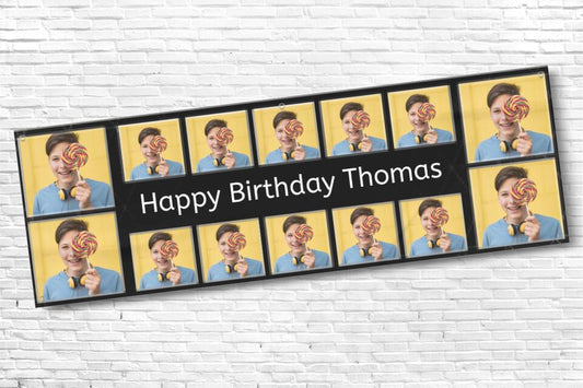 Mens Personalised Birthday Banner with 14 images and black background
