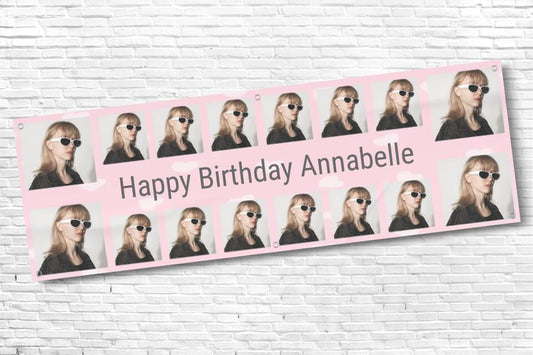 Personalised Pink Heart 16 Image Photo Birthday Banner