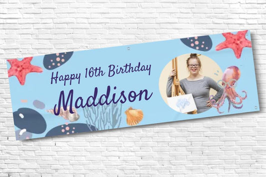Personalised Sea Life Girls and Ladies Birthday Banner with any text and Photo